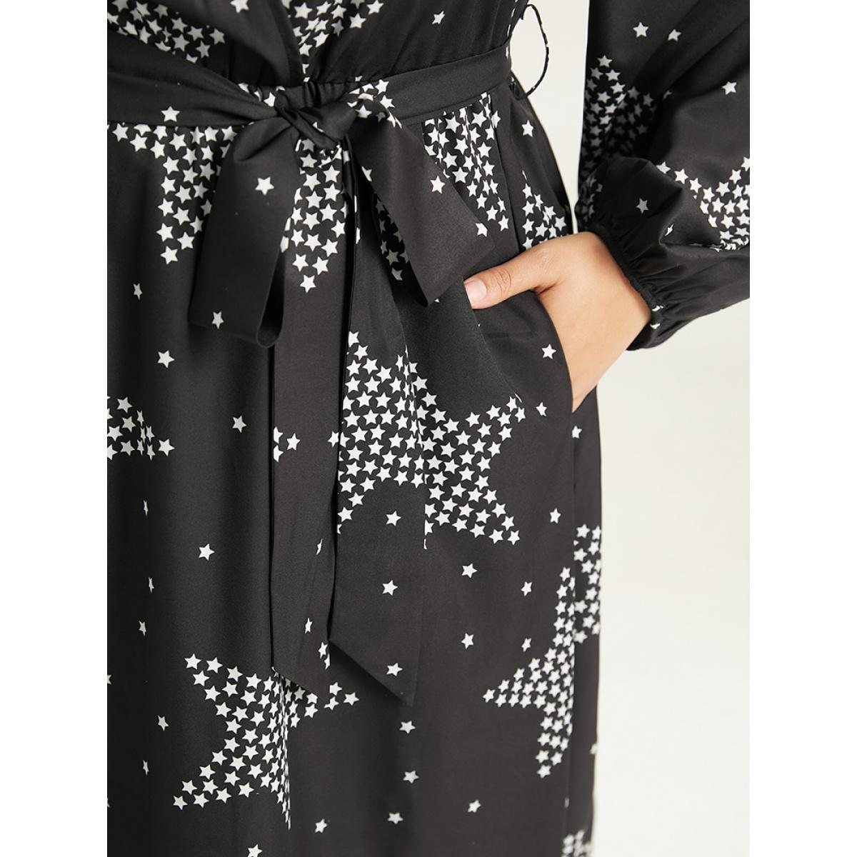 Plus Size Star Print Wrap Belted Lantern Sleeve Dress Black Women Casual Elastic cuffs V-neck Long Sleeve Curvy Midi Dress BloomChic 30/6X Product Image