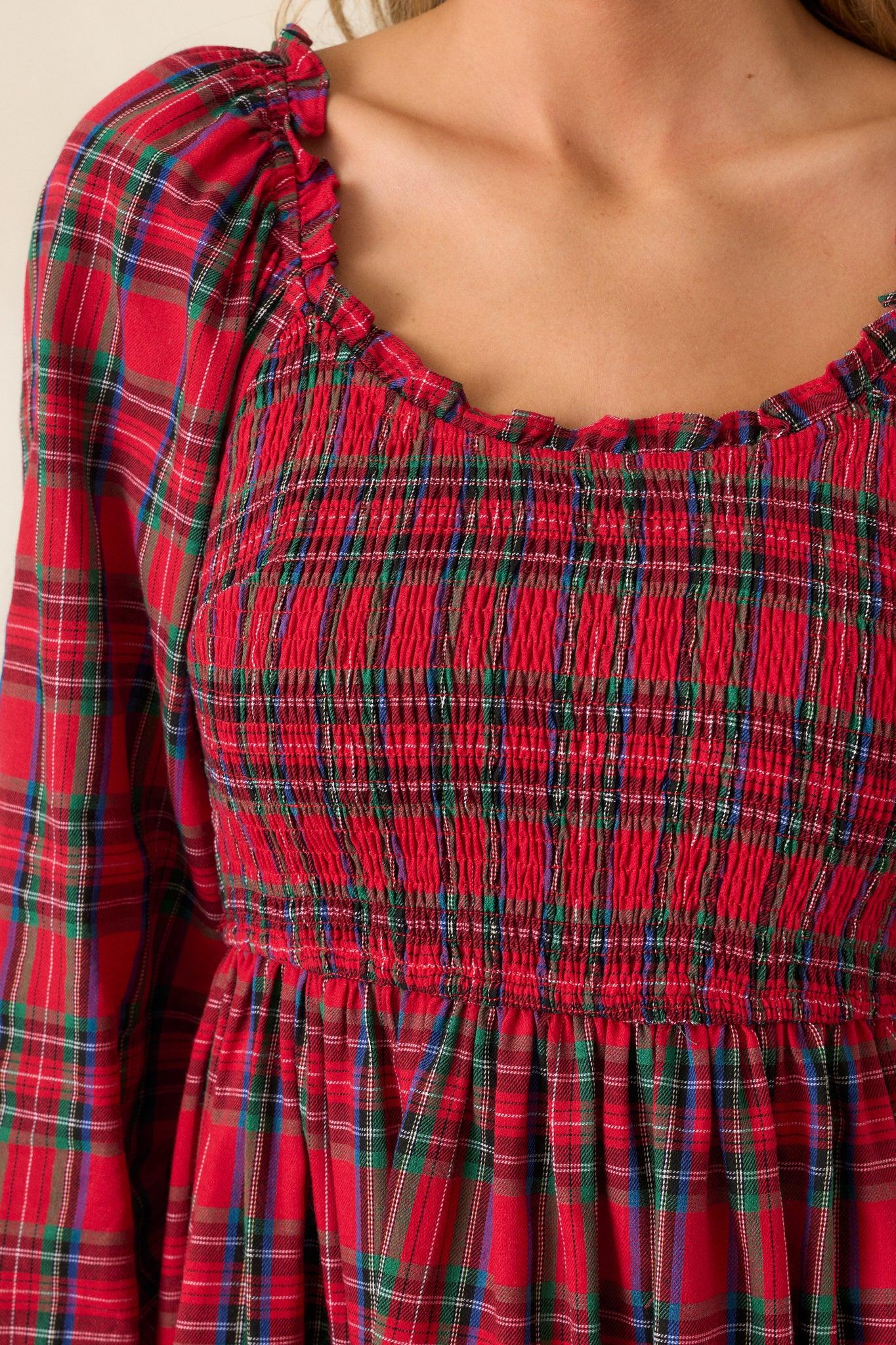 Dance With Me Cotton Red Plaid Long Sleeve Mini Dress Product Image