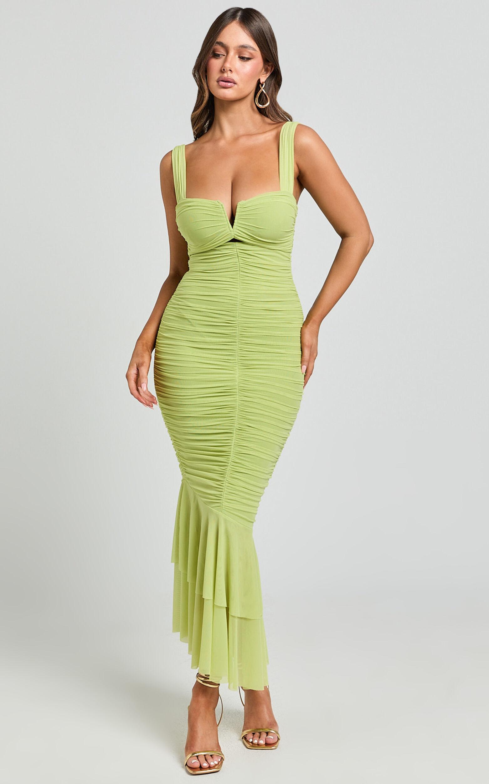 Kody Midi Dress - Bodycon Ruched Mesh Cut Out Dress in Lime Product Image