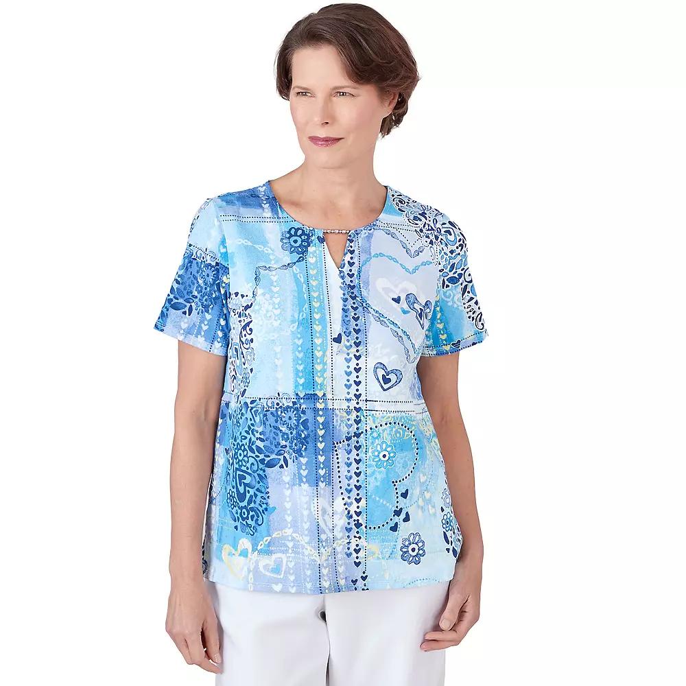 Women's Alfred Dunner Patchwork Hearts Split Neck Tee, Size: Large, Blue Product Image