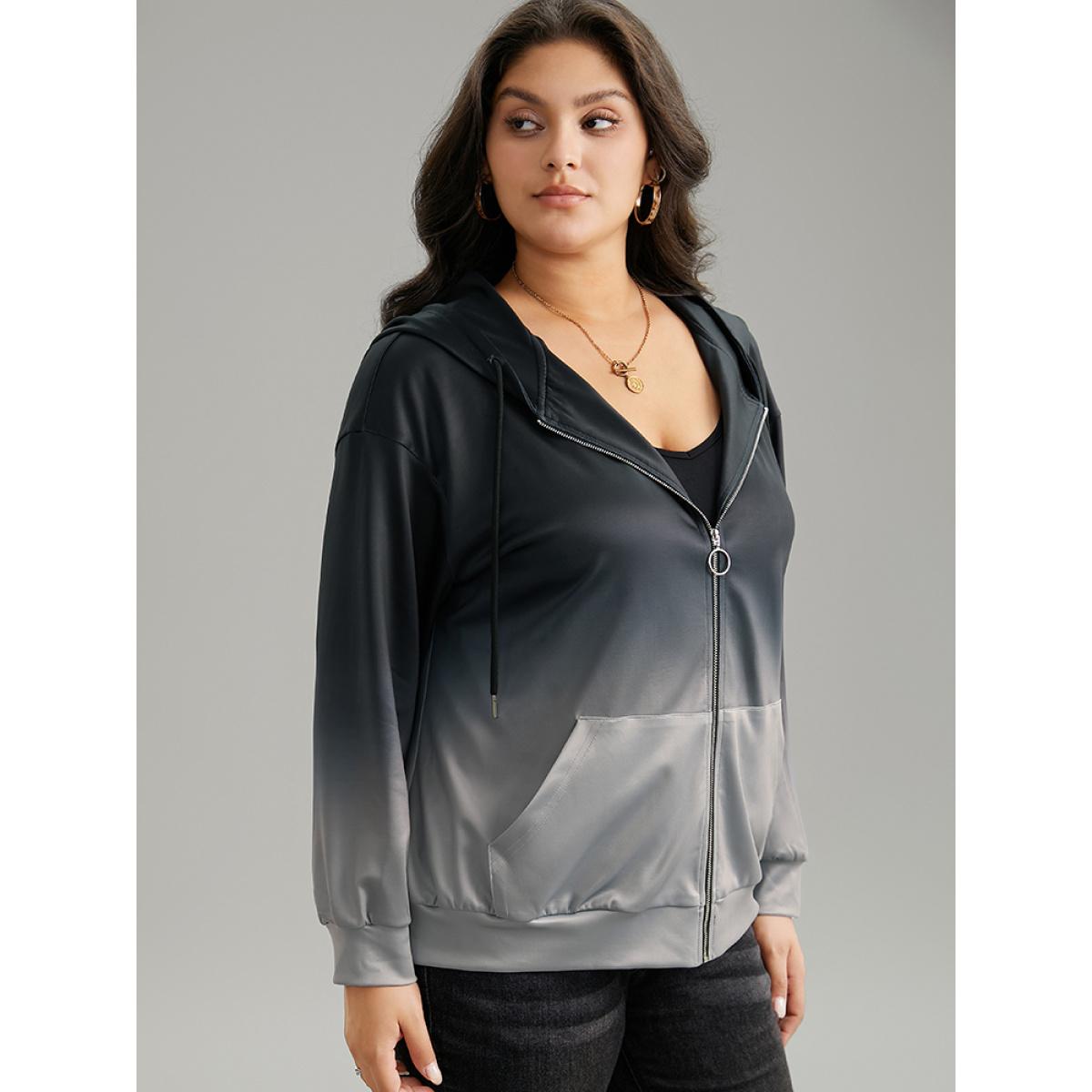 Plus Size Ombre Contrast Zipper Pocket Drawstring Jacket Women Gray Contrast Pocket Dailywear Jackets BloomChic 18-20/2X Product Image
