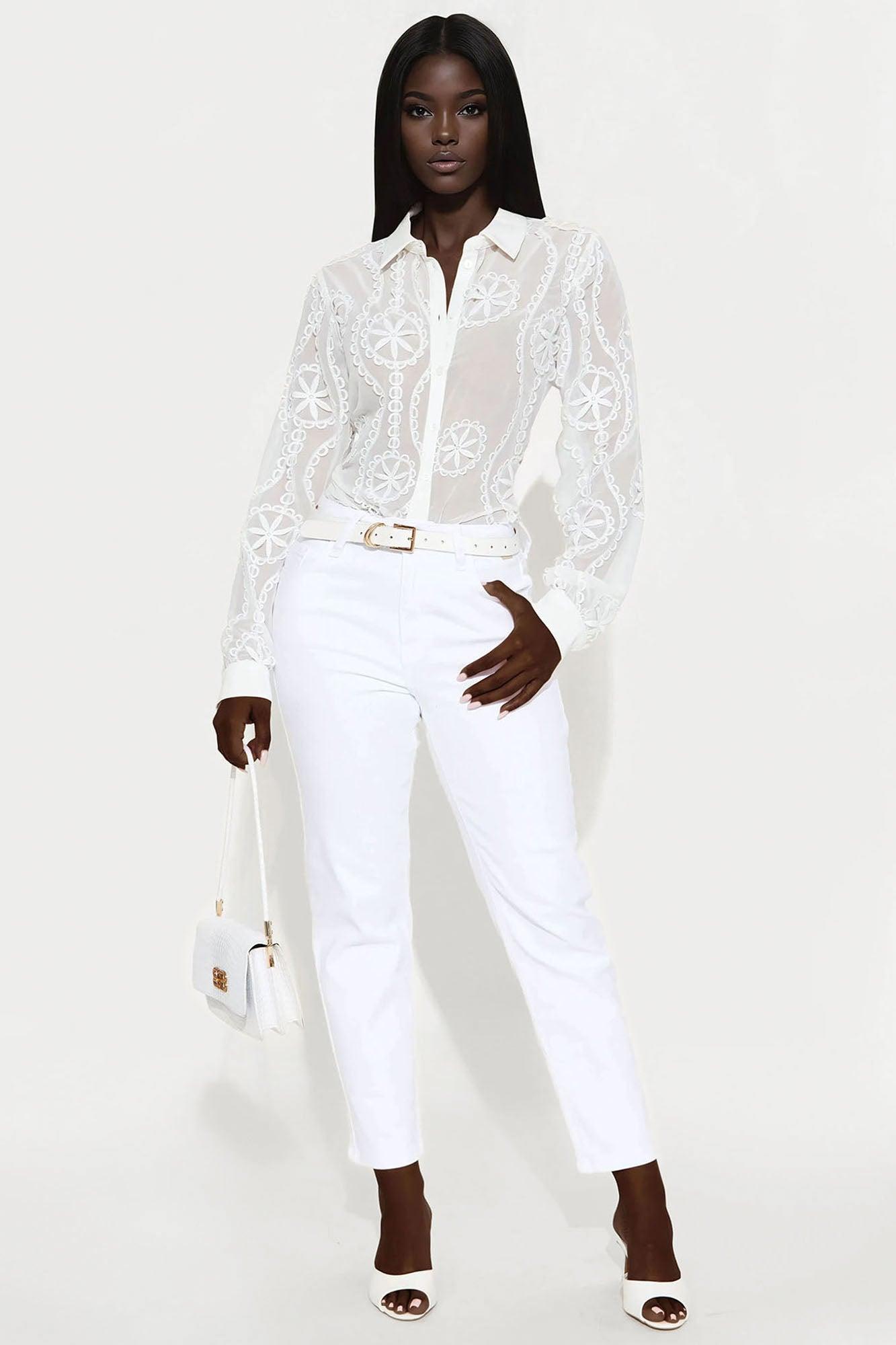 Brunch Lady Floral Embroidery Chiffon Shirt - White Female Product Image