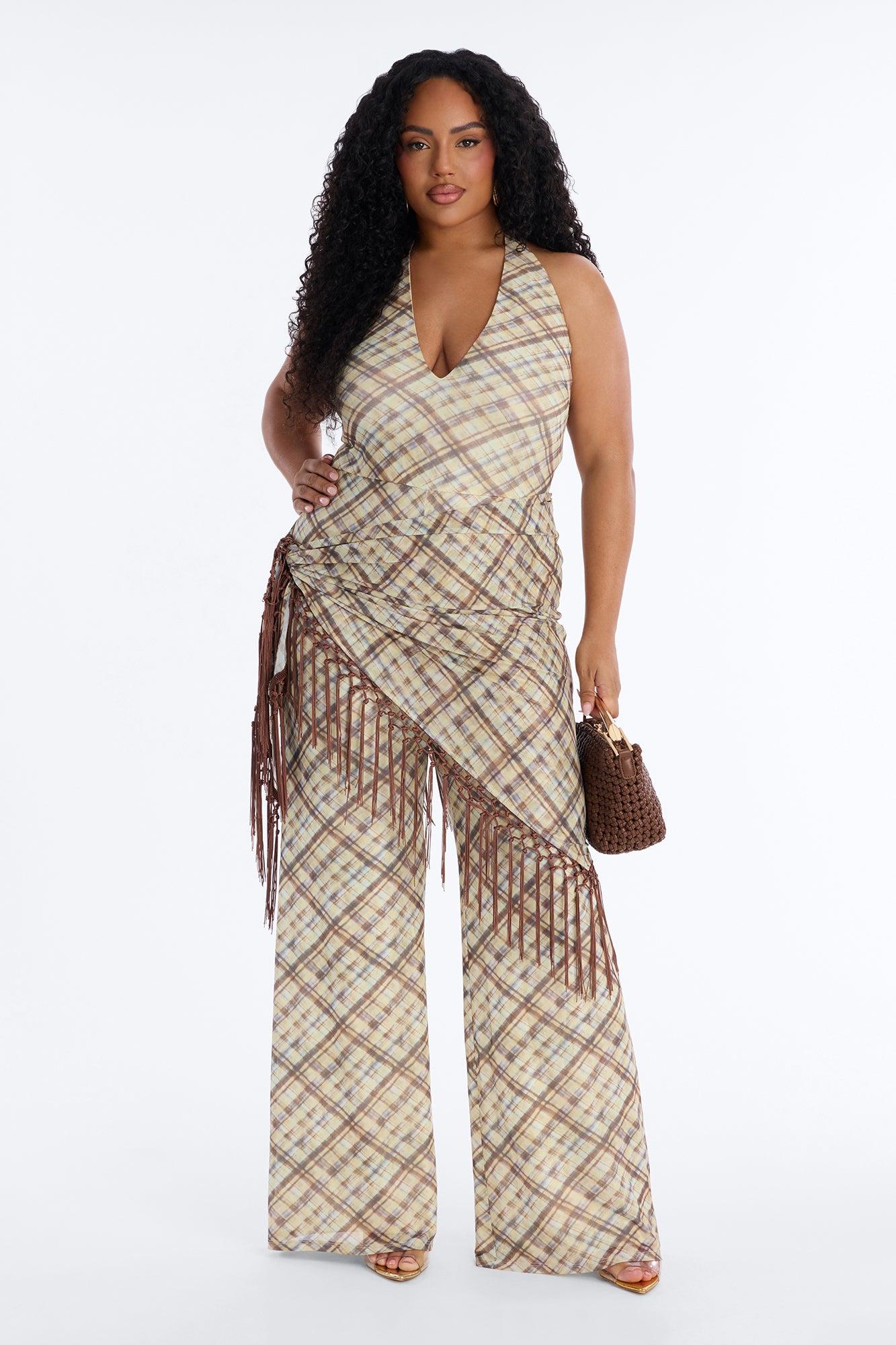 Ava Mesh Plaid Waist Scarf Jumpsuit - Brown Female Product Image
