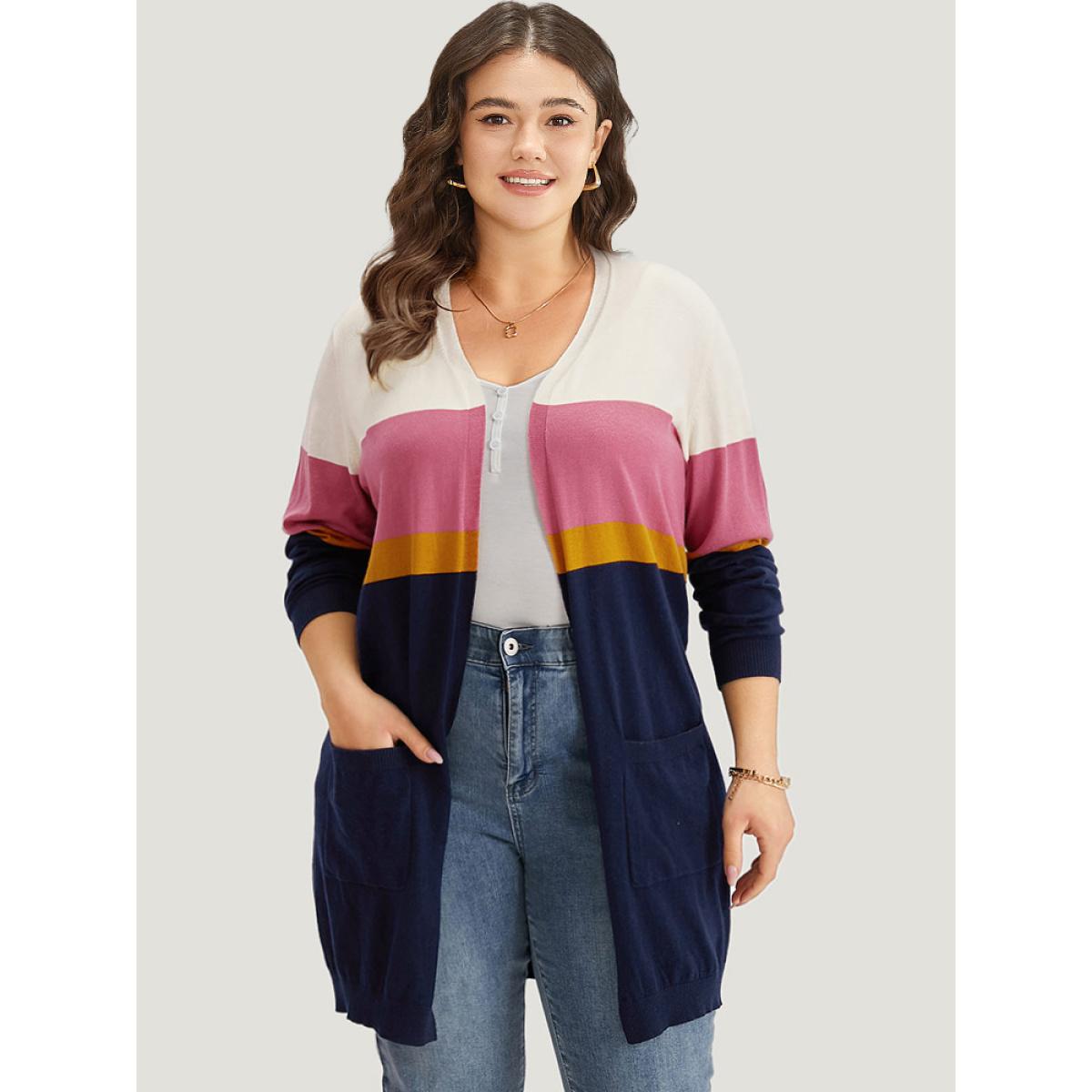 Plus Size Supersoft Essentials Contrast Open Front Tunic Cardigan Multicolor Women Casual Loose Long Sleeve Dailywear Cardigans BloomChic 12/L Product Image