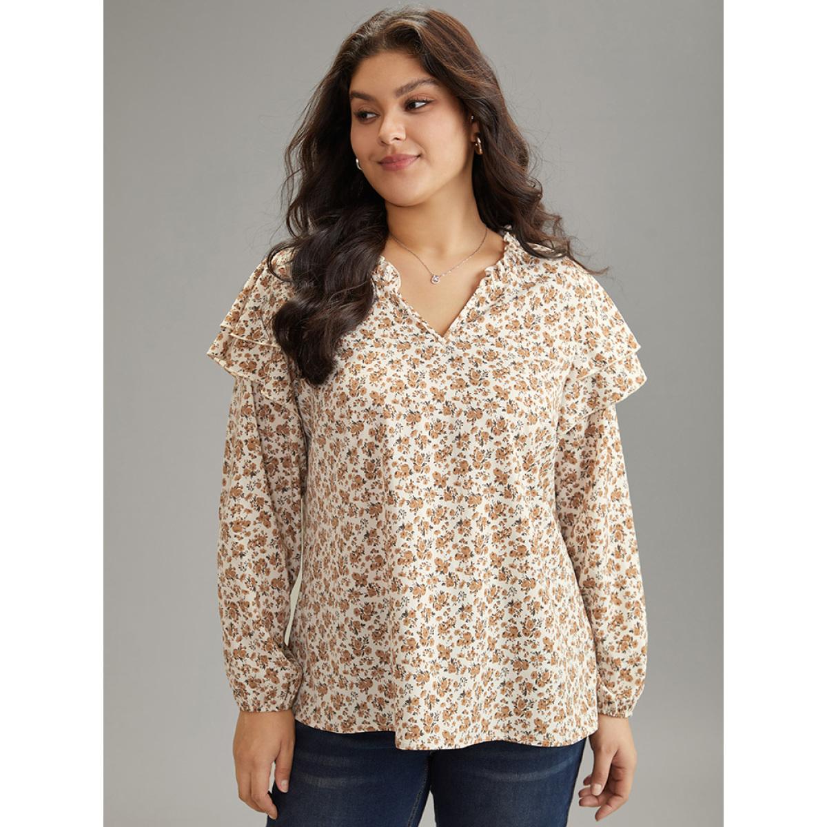 Plus Size Apricot Ditsy Floral Notched Tiered Ruffles Lantern Sleeve Blouse Women Elegant Long Sleeve Notched collar Dailywear Blouses BloomChic 18-20/2X Product Image