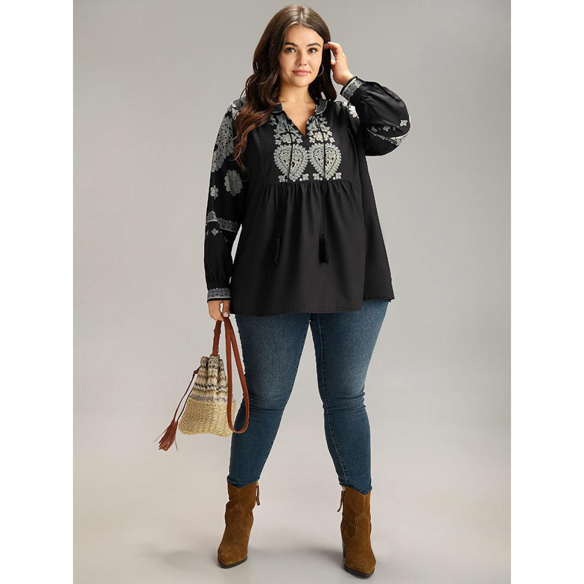 Plus Size BlackFlower Boho Print Tie Neck Tassel Gathered Blouse Women Vacation Long Sleeve Tie Neck Vacation Blouses BloomChic 18-20/2X Product Image