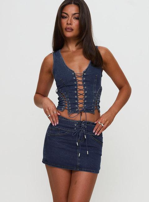 Popular Low Rise Mini Skirt Mid Blue Wash Product Image