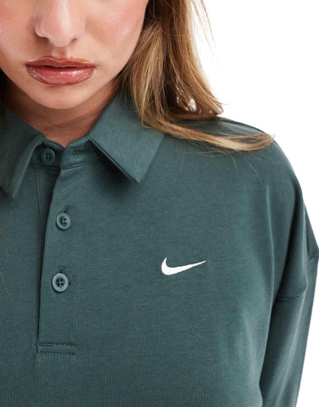 Nike Essential oversized long sleeve polo in dark green Product Image