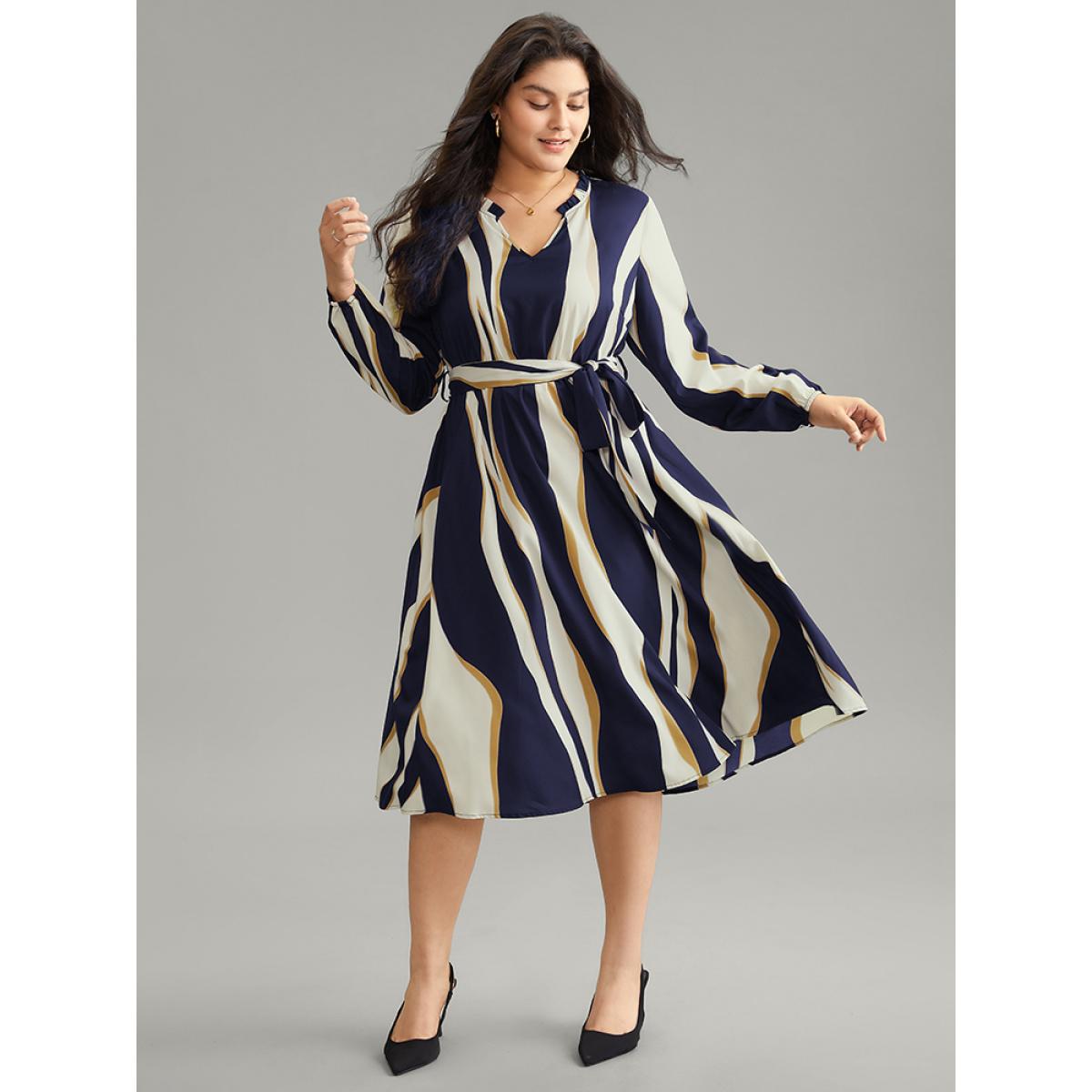 Plus Size Colorblock Striped Notched Belted Lantern Sleeve Dress DarkBlue Women At the Office Elastic cuffs Notched collar Long Sleeve Curvy Midi Dress BloomChic 30/6X Product Image
