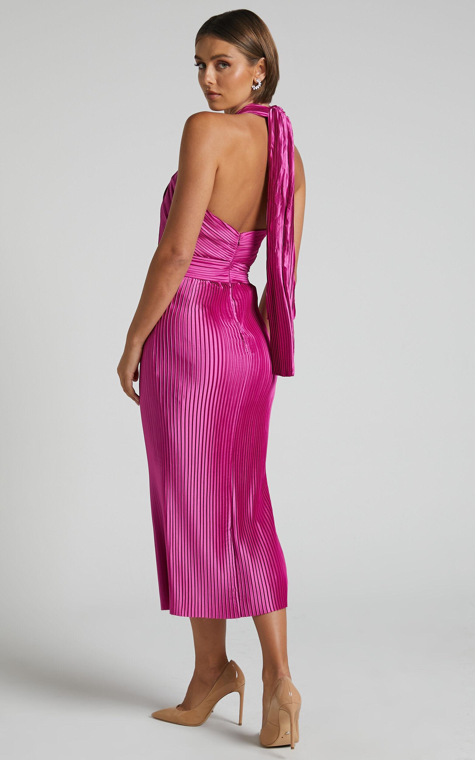 Marlette Midi Dress - Pleated Open Back Halter Dress in Grape Product Image