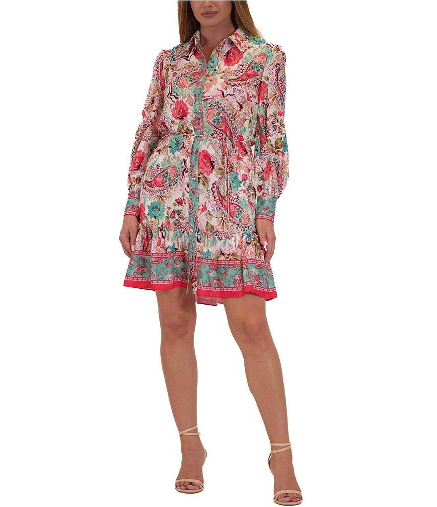 Julia Jordan Long Sleeve Paisley Print Faux Linen Shirtdress Product Image