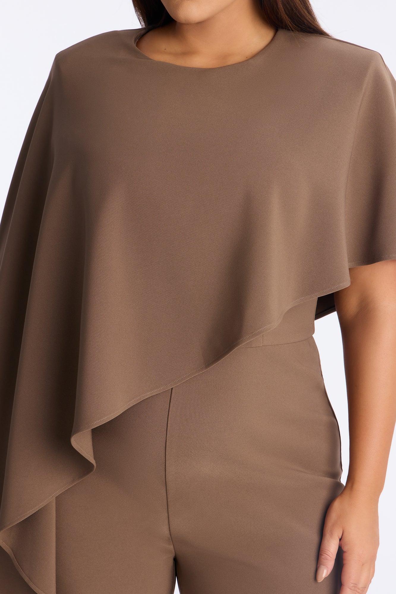 Working Woman Wide Leg Cape Sleeve Jumpsuit - Brown Female Product Image