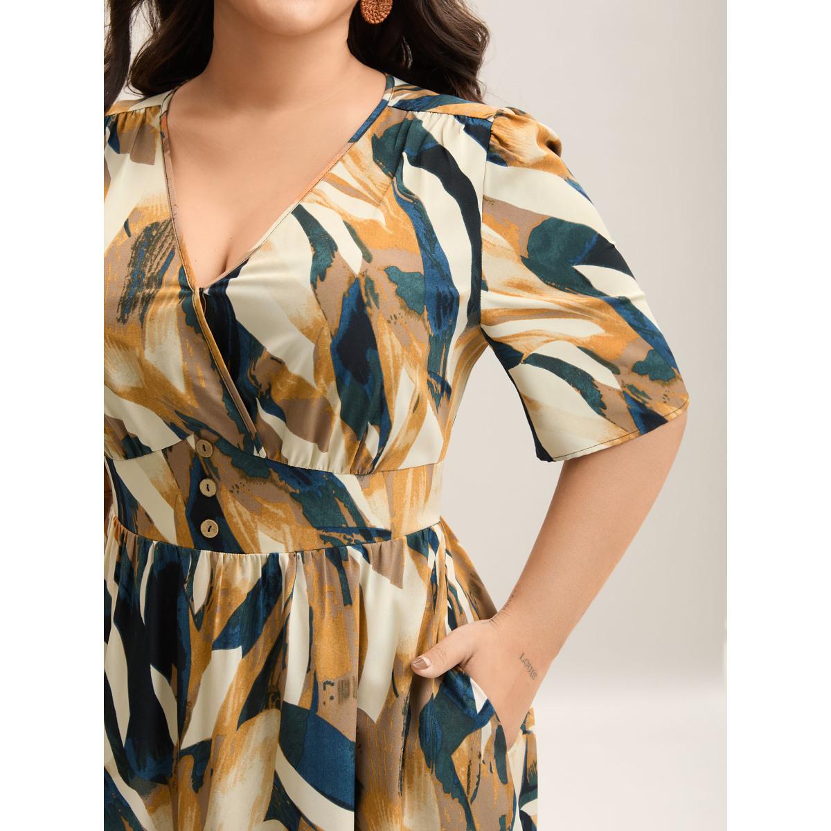 Plus Size Abstract Print Triangular Waist Midi Dress Multicolor Women Button Overlap Collar Short sleeve Curvy BloomChic 22-24/3X Product Image
