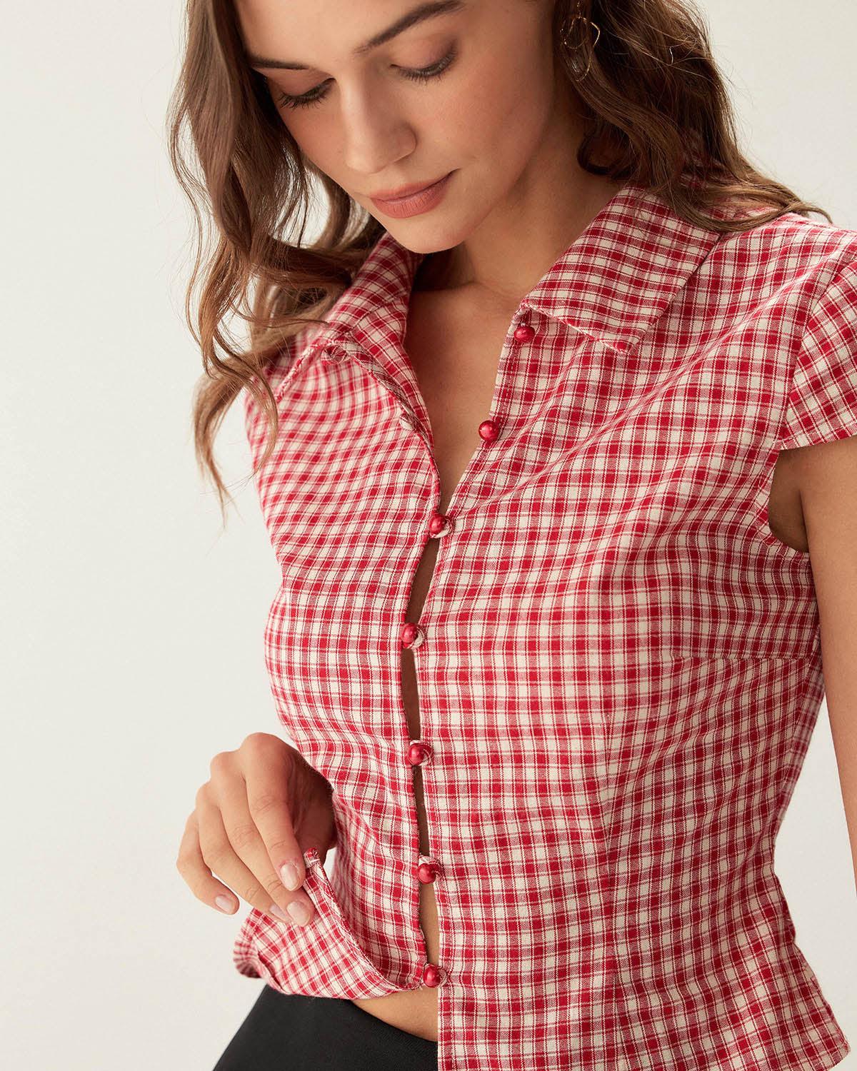 Red Plaid Cap Sleeve Button Blouse Product Image