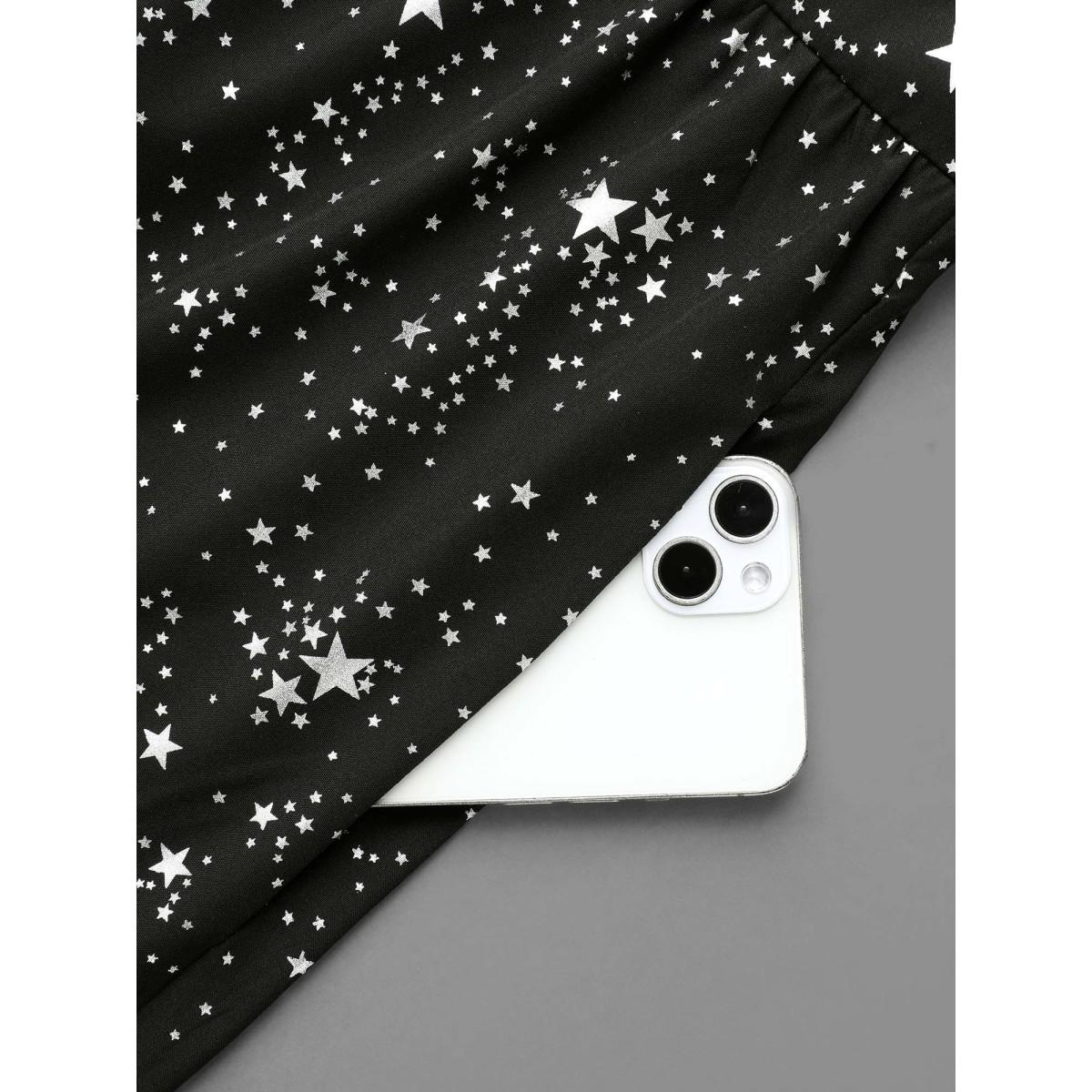 Plus Size Glitter Star Flutter Sleeve Chiffon Dress Black Women Cocktail Gathered Knit Dresses Bloomchic 28/5X Product Image