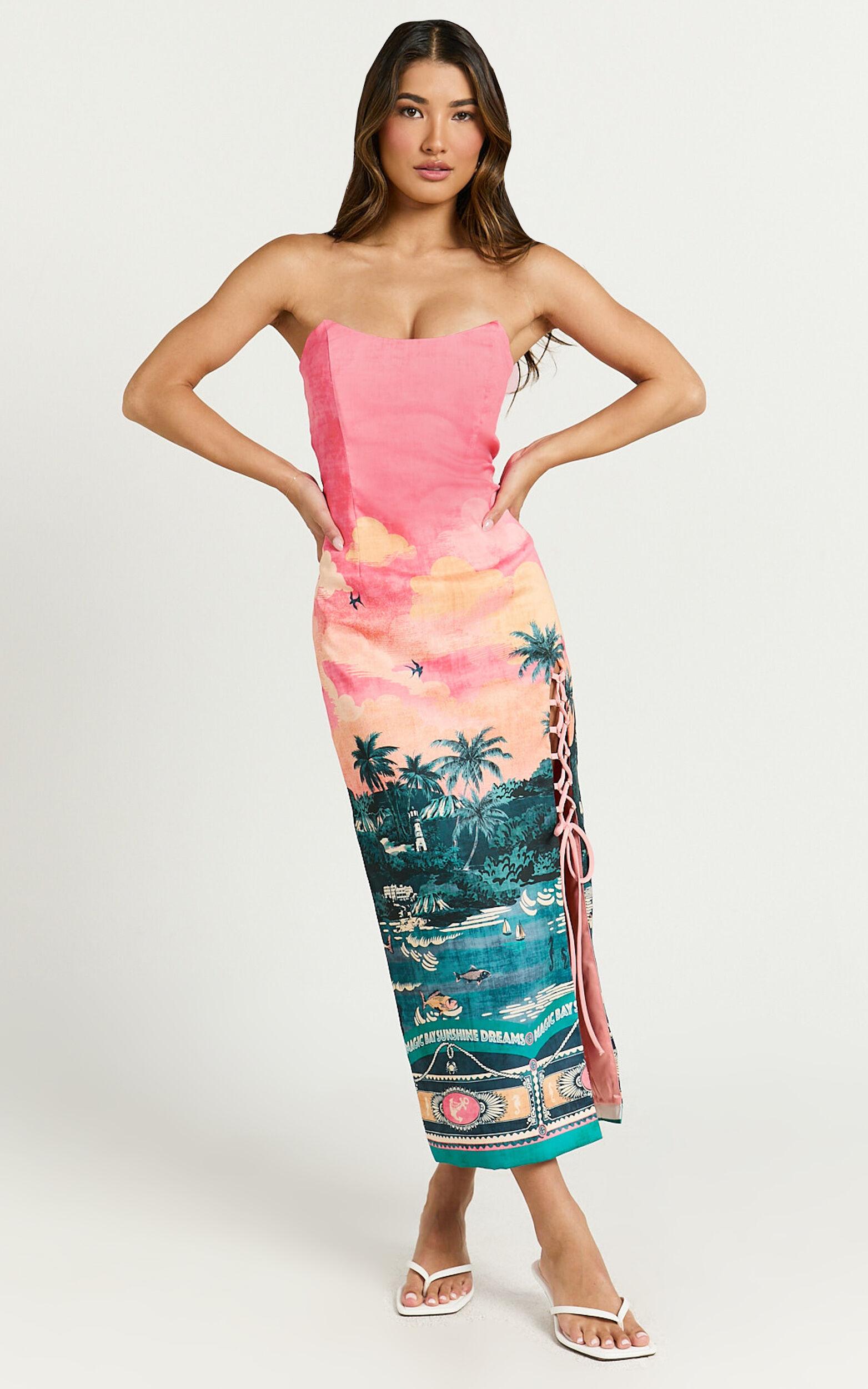 Amalie The Label - Leesha Strapless Fitted Split Leg Midi Dress in Island Sunset Print Product Image