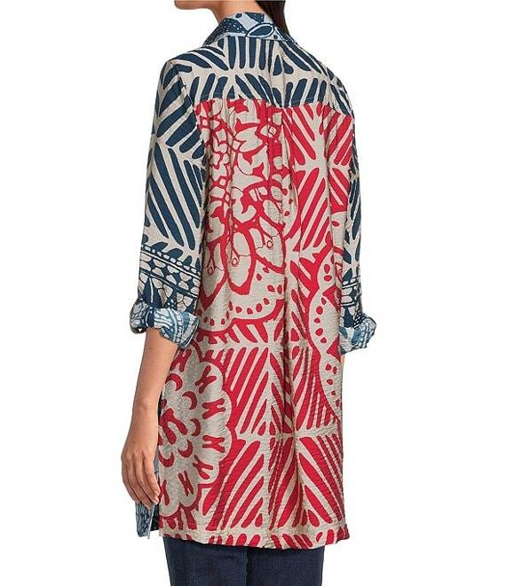 John Mark Medallion Abstract Print Point Collar Long Roll-Tab Sleeve Button Front Tunic Product Image