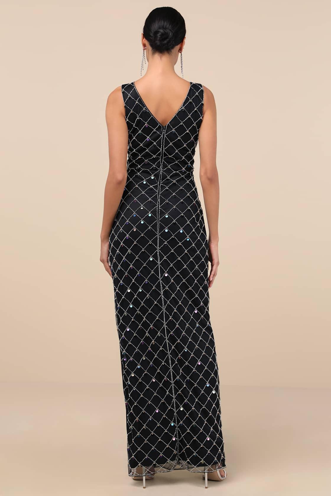 Gallio Black Beaded Sequin Sleeveless Column Maxi Dress Product Image