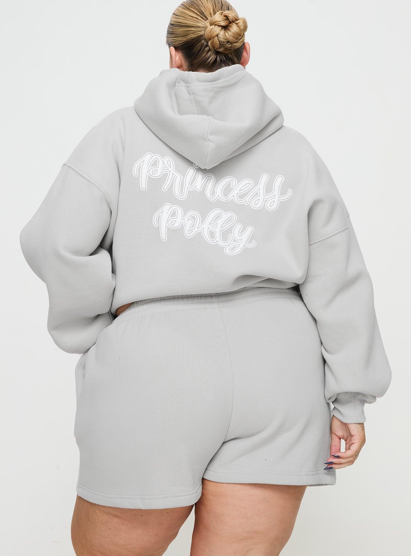 Princess Polly Track Shorts Puff Text Grey Curve Product Image