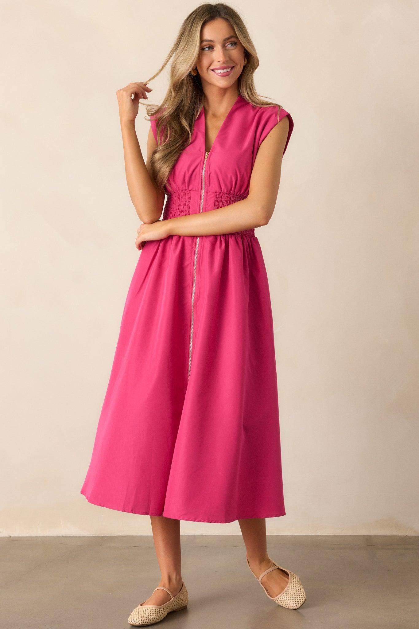 The Evette Magenta Pink Zip Front Midi Dress Product Image