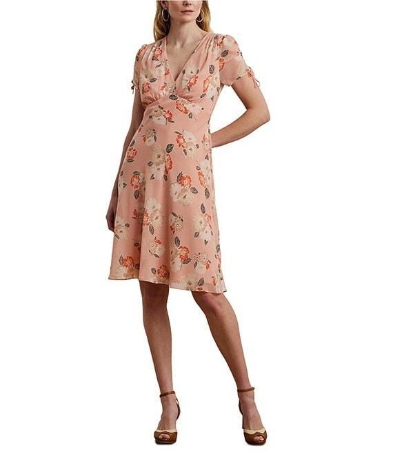 Lauren Ralph Lauren Georgette Floral Print V-Neck Short Sleeve Fit and Flare Knee Length Dress Product Image