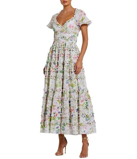 Mac Duggal Short Sleeve Tie Back Micro Ruffle Floral Print Cotton Midi Product Image