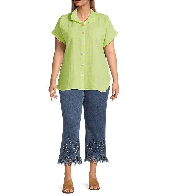 John Mark Plus Size Solid Wire Collar Short Dolman Sleeve Button Front Camp Shirt Product Image