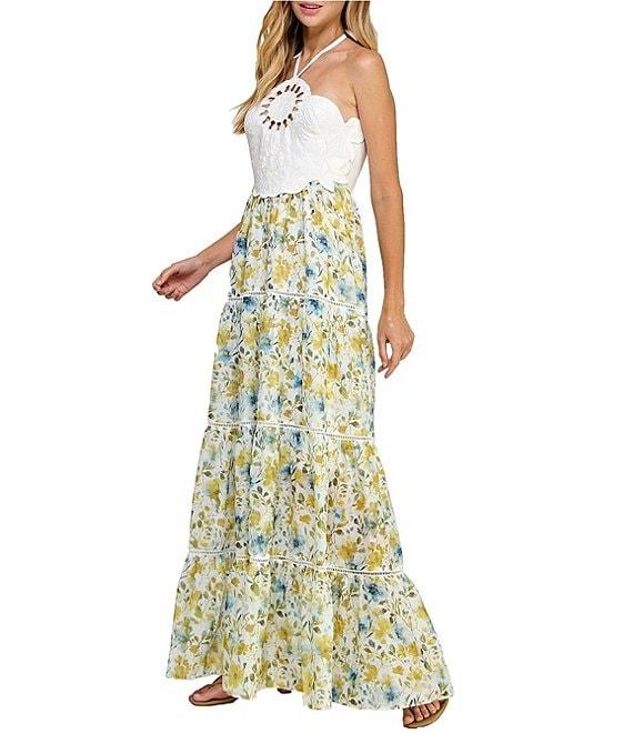Layered With Love Floripa Jacquard Floral Print Halter Neck Sleeveless Cut Out A-Line Maxi Dress Product Image