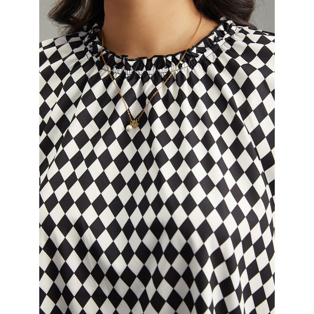 Plus Size Black Halloween Check Frill Trim Gathered Patchwork Blouse Women Elegant Long Sleeve Round Neck Dailywear Blouses BloomChic 22-24/3X Product Image