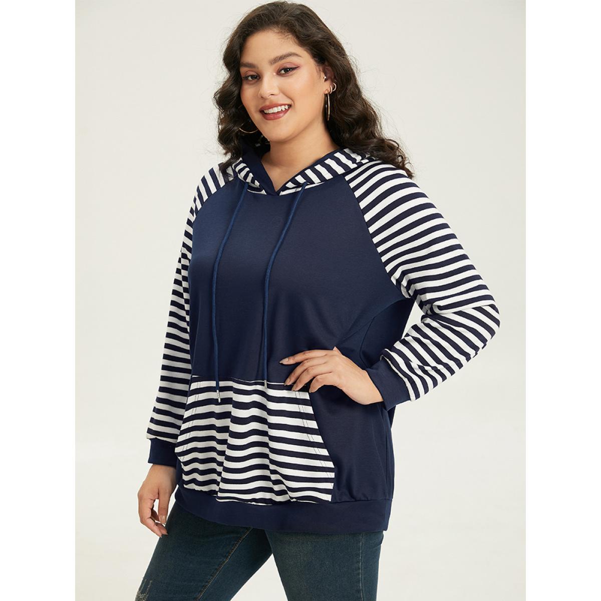 Plus Size Striped Patchwork Drawstring Hooded Pocket Sweatshirt Women Indigo Casual Contrast Hooded Dailywear Sweatshirts BloomChic 14-16/1X Product Image