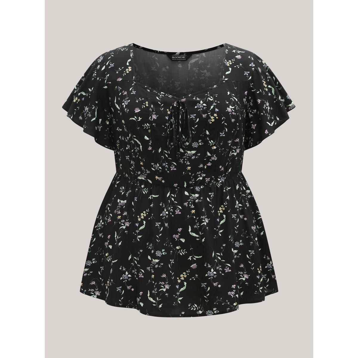 Plus Size Black Floral Print Bow Waist-Cinched Shirt Women Cap Sleeve Heart neckline Everyday-Elegant Blouses BloomChic 12/L Product Image