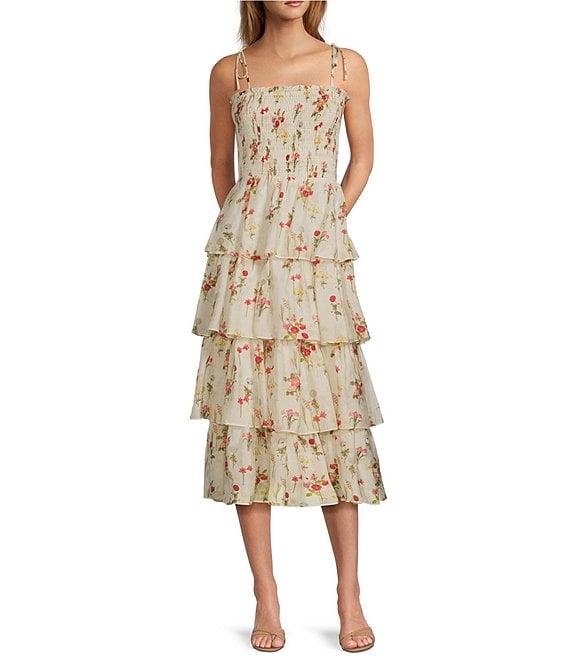 Lucy Paris Olive Floral Square Neck Spaghetti Strap Ruffle Smocked Tiered Midi Dress Product Image