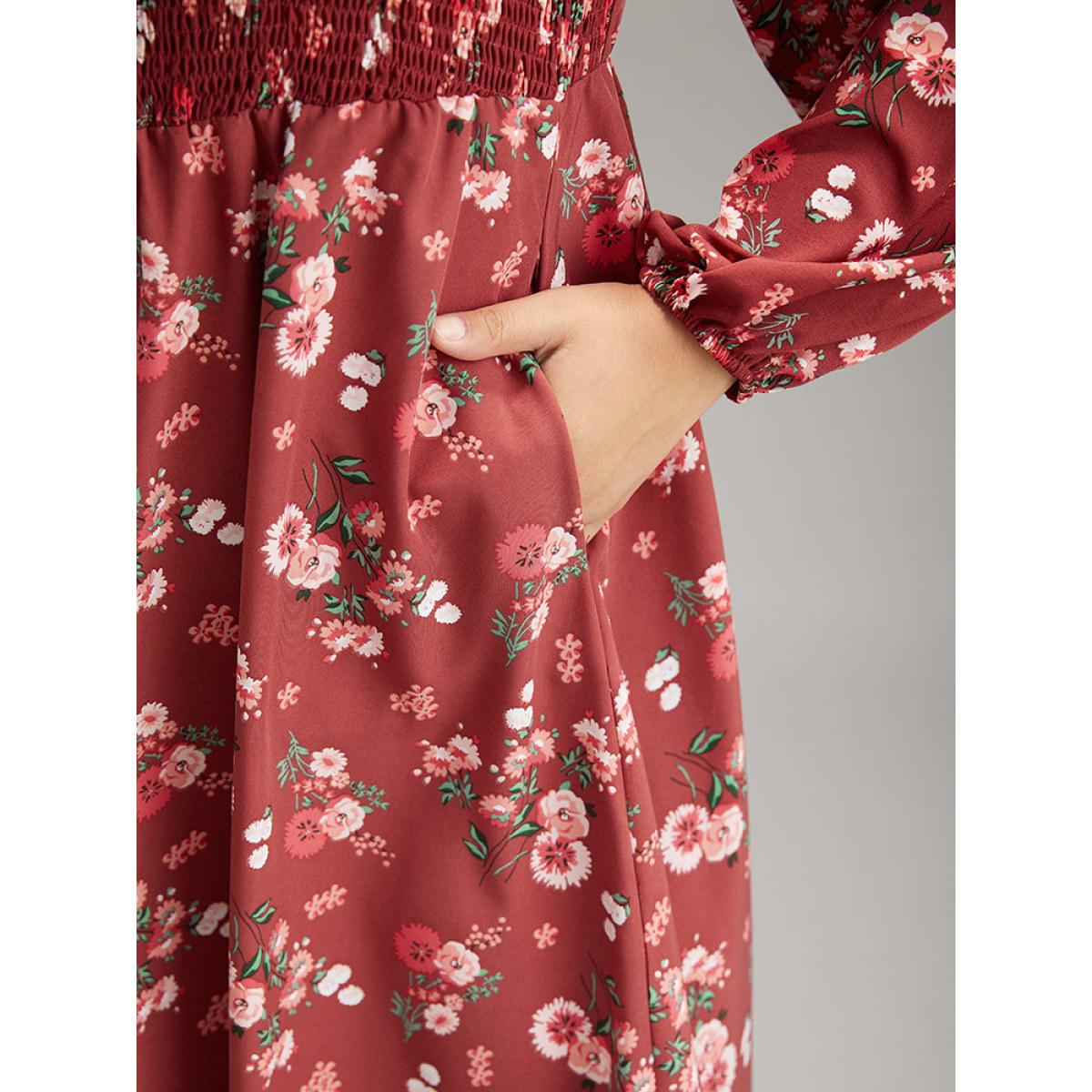Plus Size Floral Print Shirred Elastic Cuffs Dress Russet Women Elegant Elastic cuffs Square Neck Long Sleeve Curvy Midi Dress BloomChic 10/M Product Image