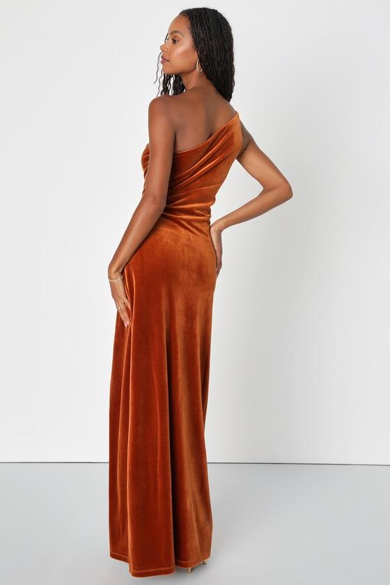 Elegant Era Rust Orange Velvet One-Shoulder Maxi Dress Product Image