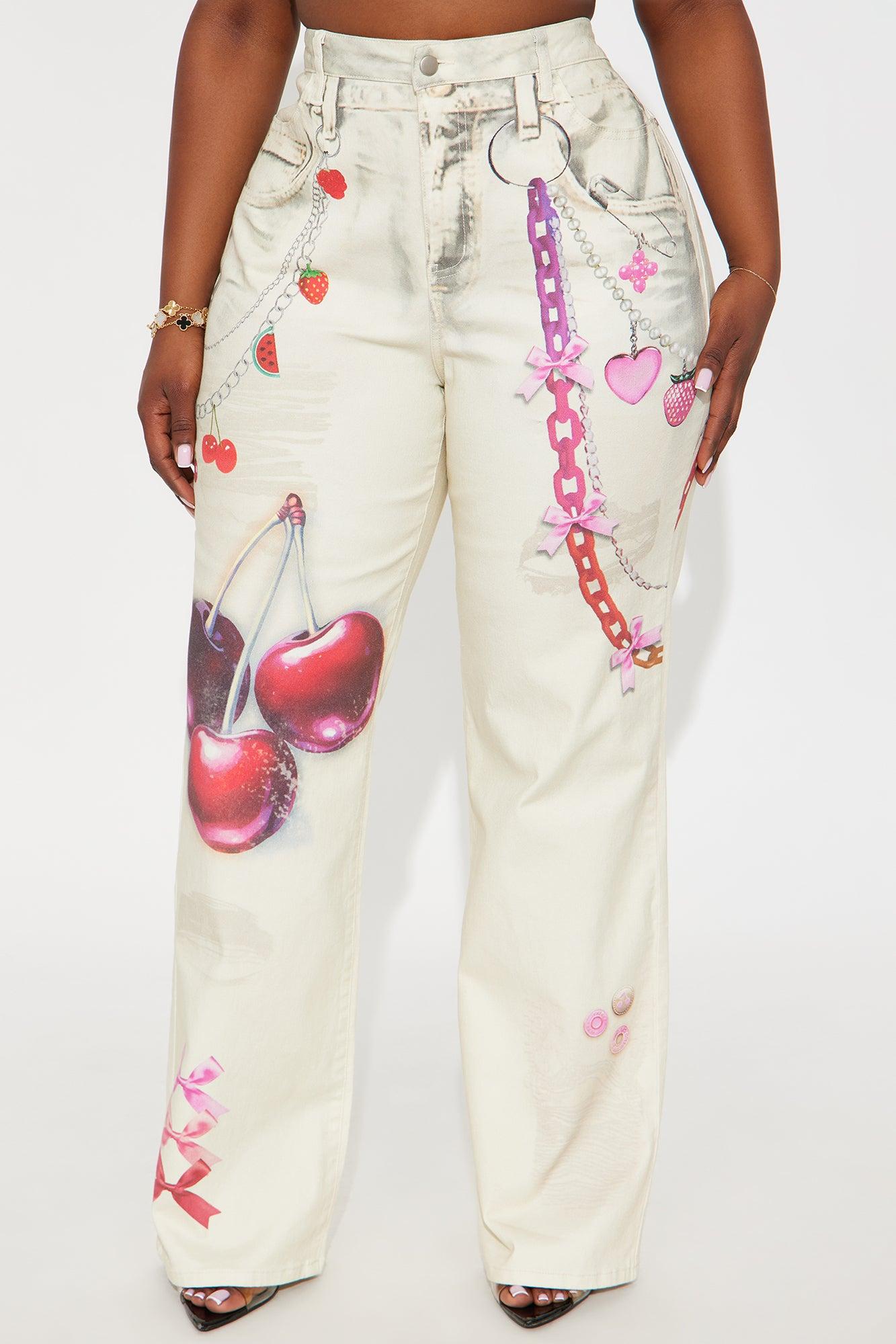 Cherry On Top Printed Wide Leg Jeans - Ivory Female Product Image