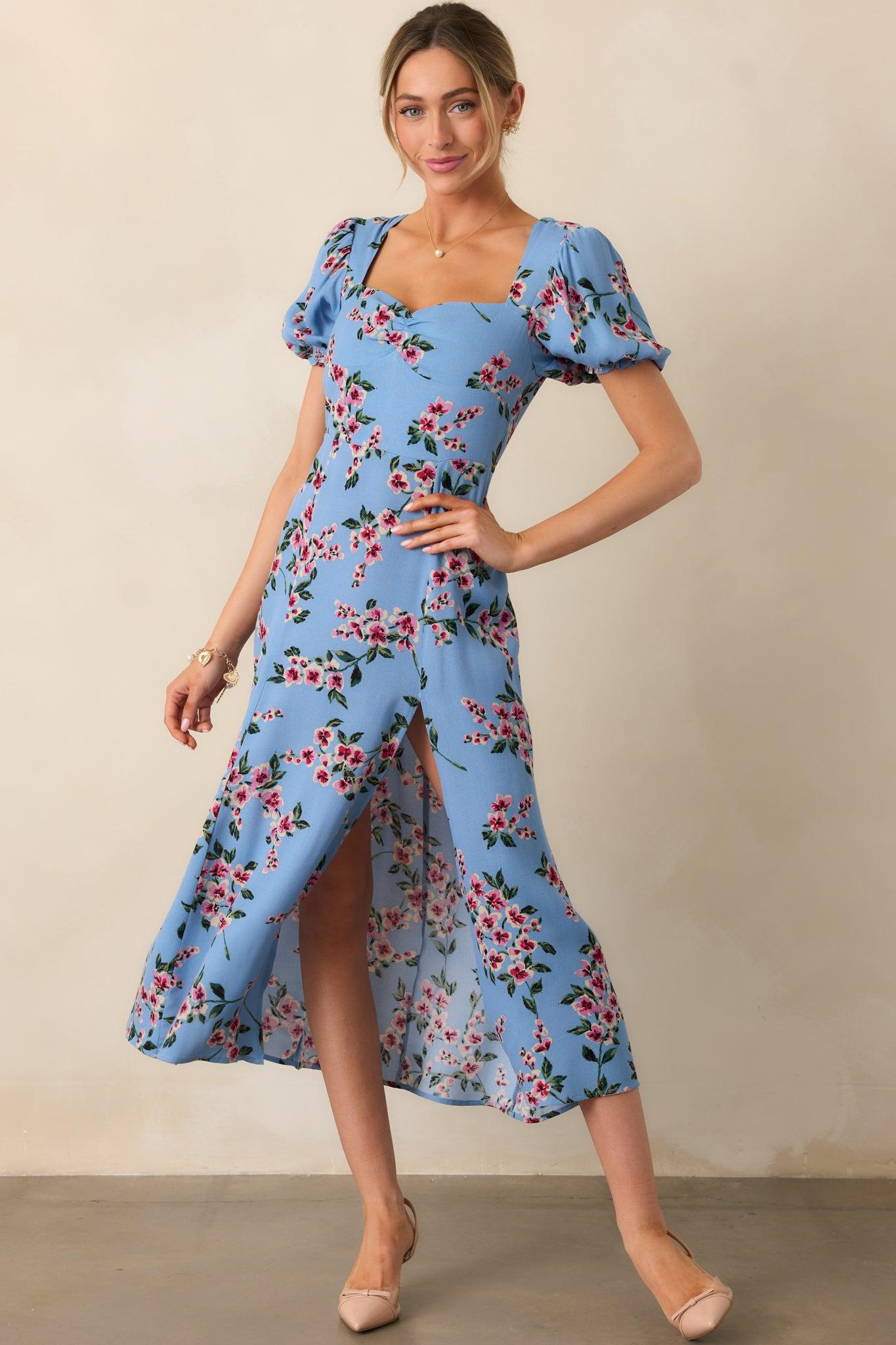 All Eyes On You Ash Blue Floral Puff Sleeve Midi Dress Product Image