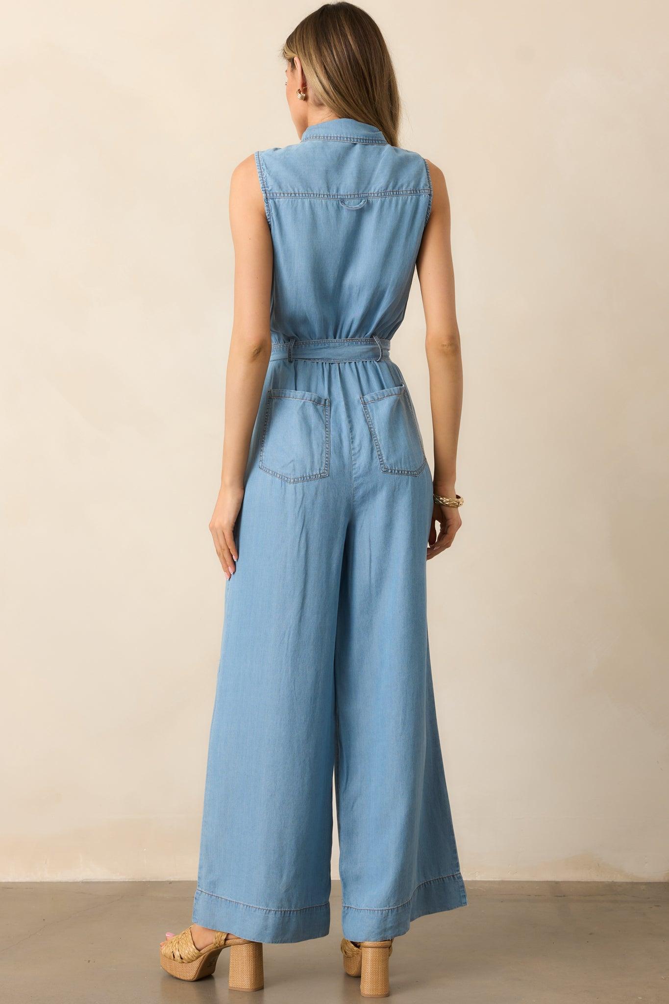 Best Foot Forward Blue Chambray Sleeveless Jumpsuit Product Image