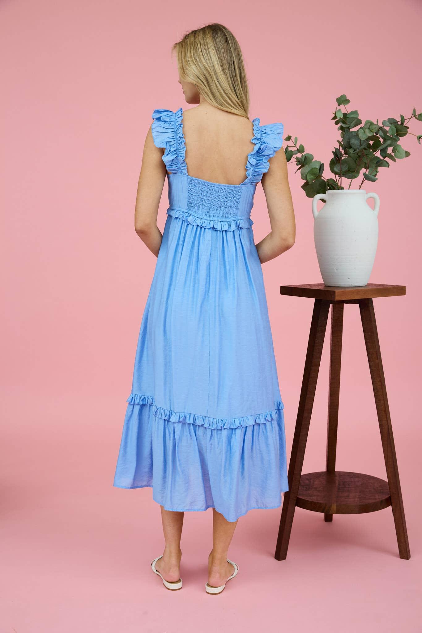 RUFFLE DETAIL EMPIRE WAIST SLEEVELESS MIDI DRESS: BLUE Product Image