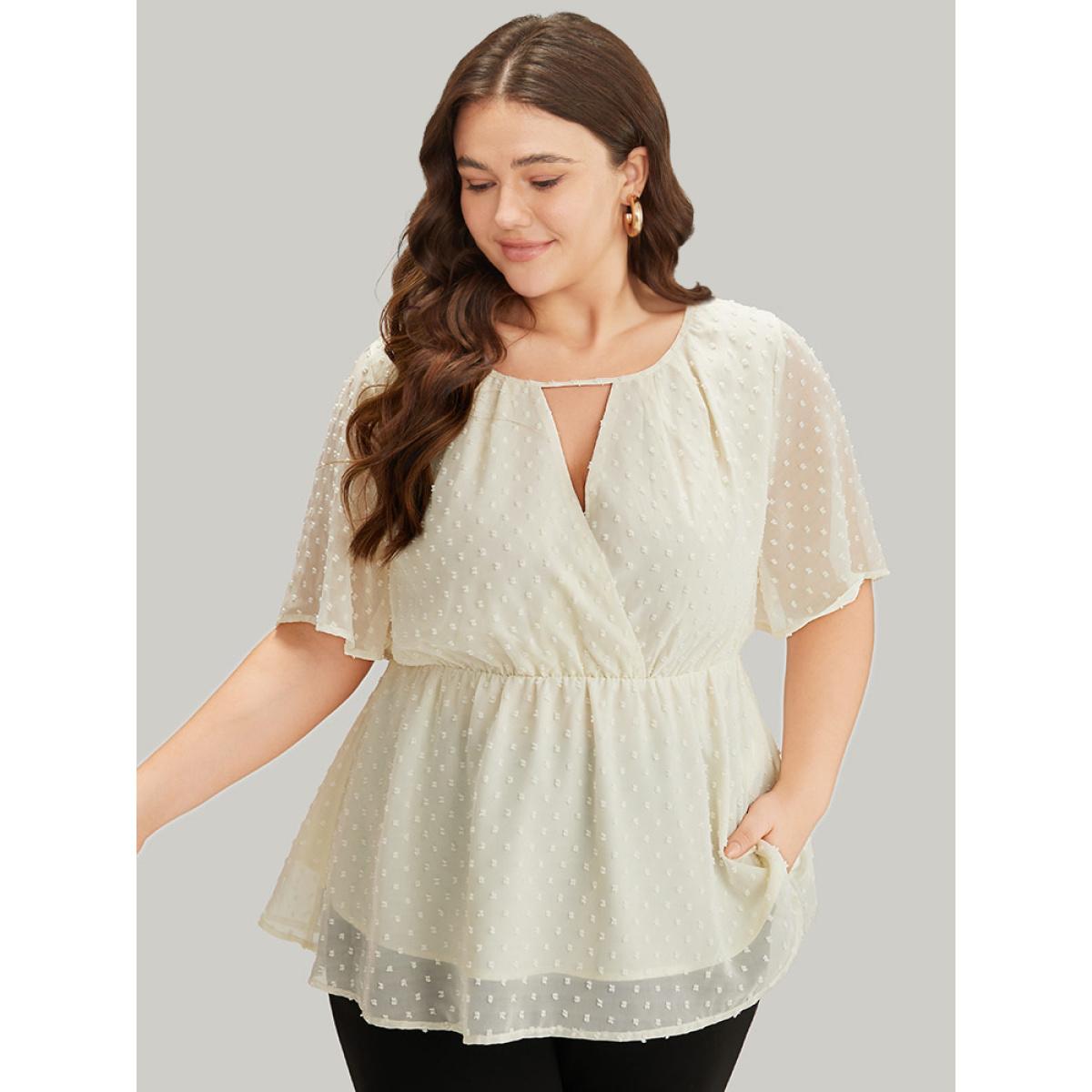 Plus Size Ivory Polka Dot Keyhole Mesh Gathered Flutter Sleeve Blouse Women Office Short sleeve V-neck Work Blouses BloomChic 22-24/3X Product Image