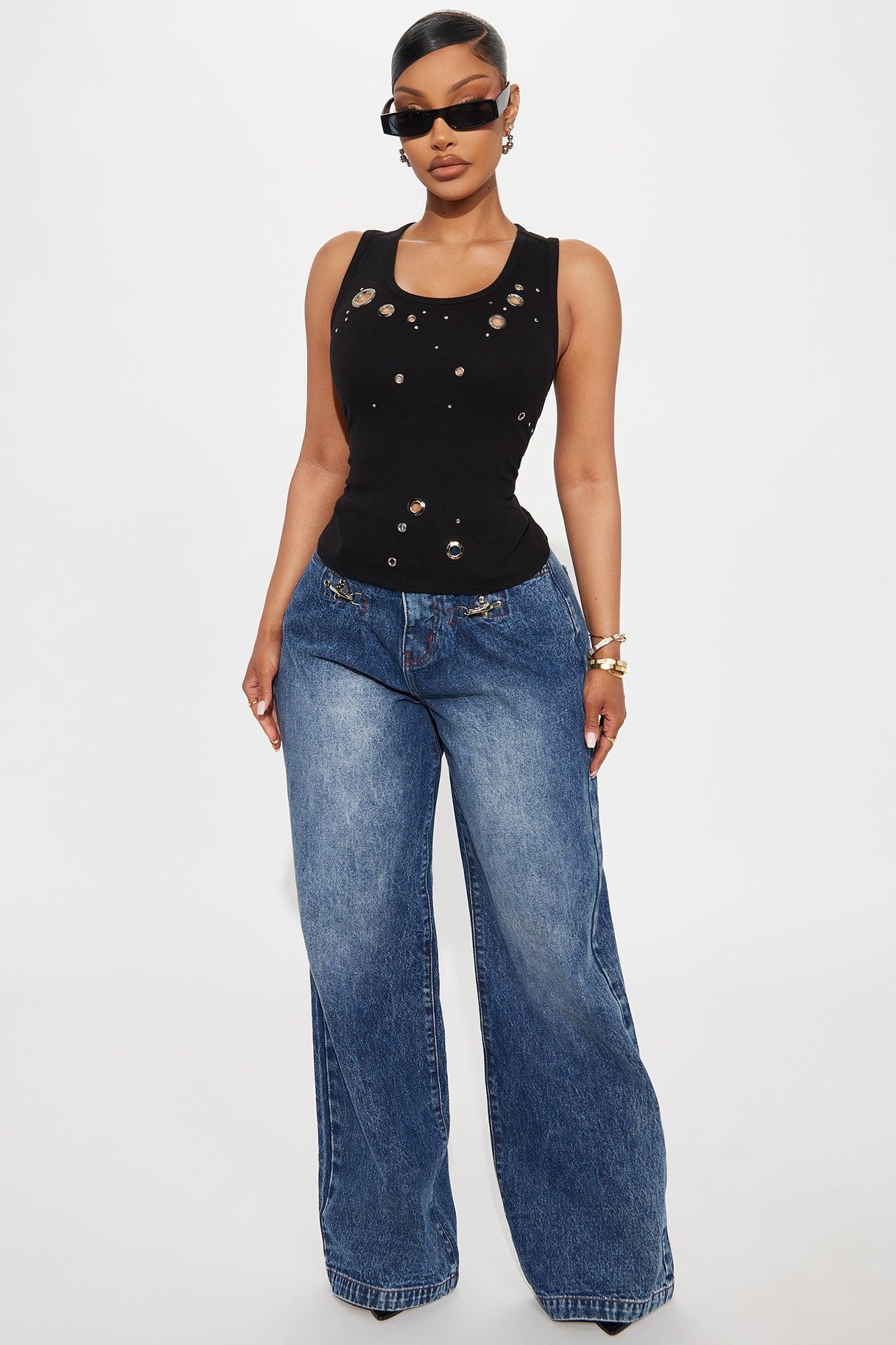 Tia Ribbed Embellished Tank Top - Black Female Product Image