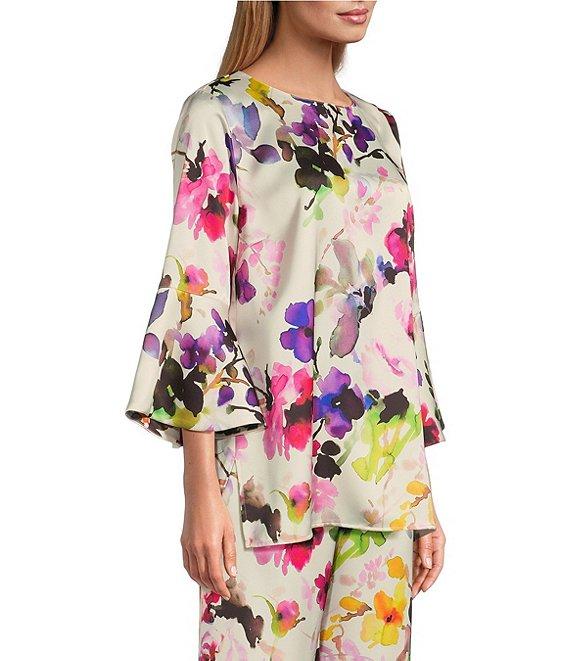 Caroline Rose Bella Floral Satin Scoop Neck 3/4 Soft Bell Sleeve Coordinating A-Line Tunic Product Image