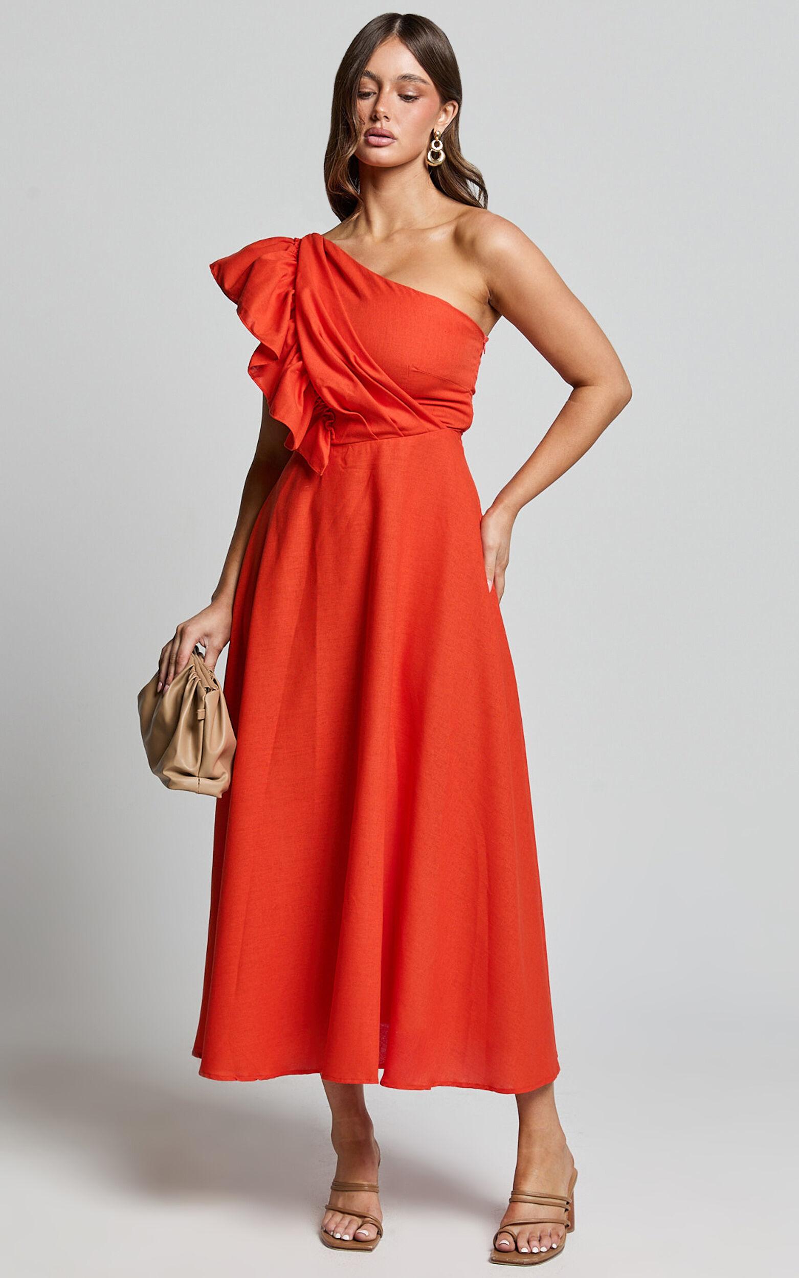 Dixie Midi Dress - Linen Look One Shoulder Ruffle Dress in Red Orange Product Image
