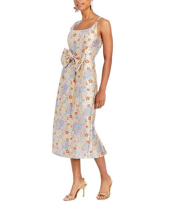 Mestiza New York Audrey Metallic Jacquard Scoop Neck Sleeveless Bow Front Midi Dress Product Image