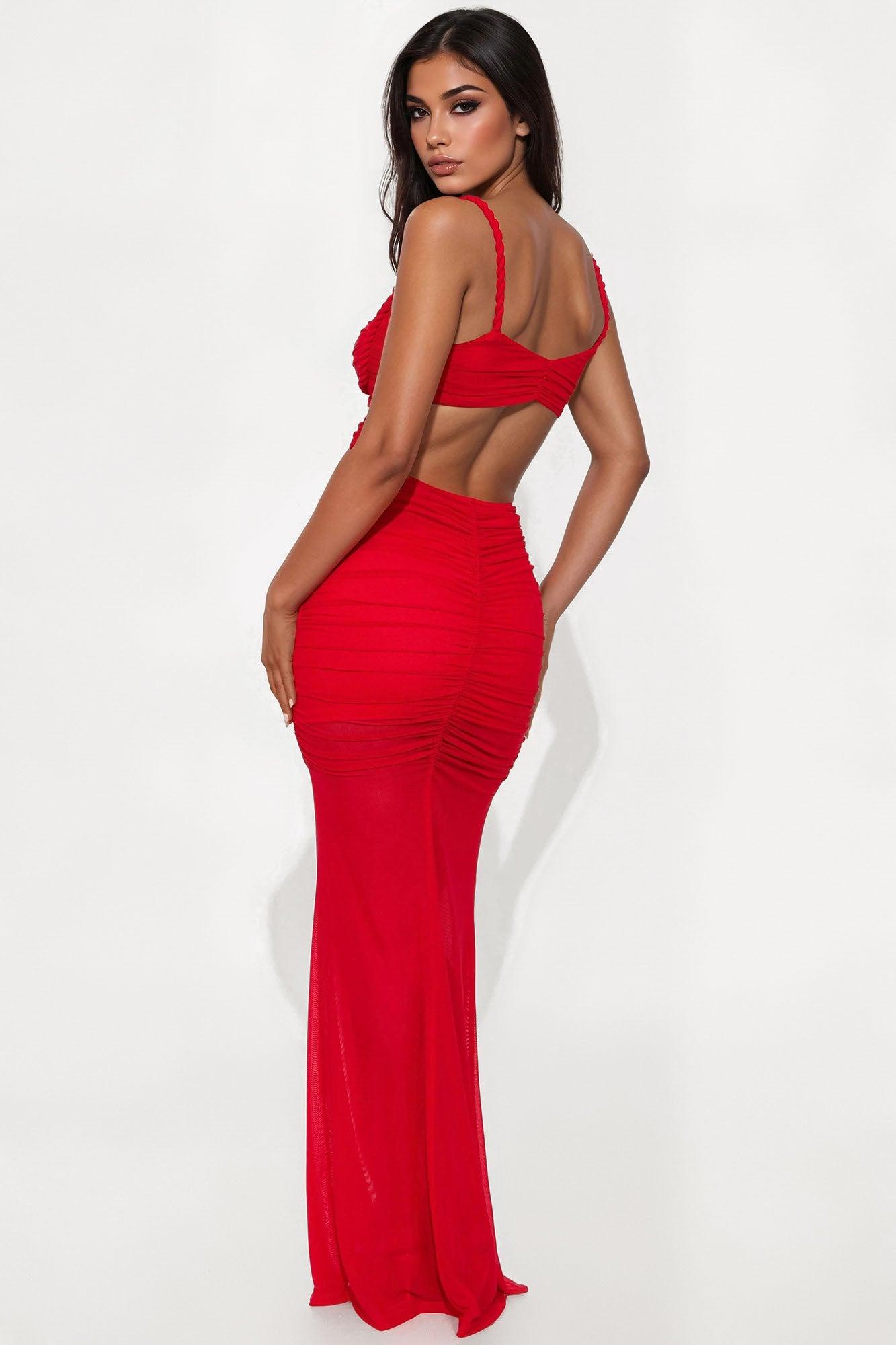 Ashley Mesh Ruched Maxi Dress - Red Female Product Image