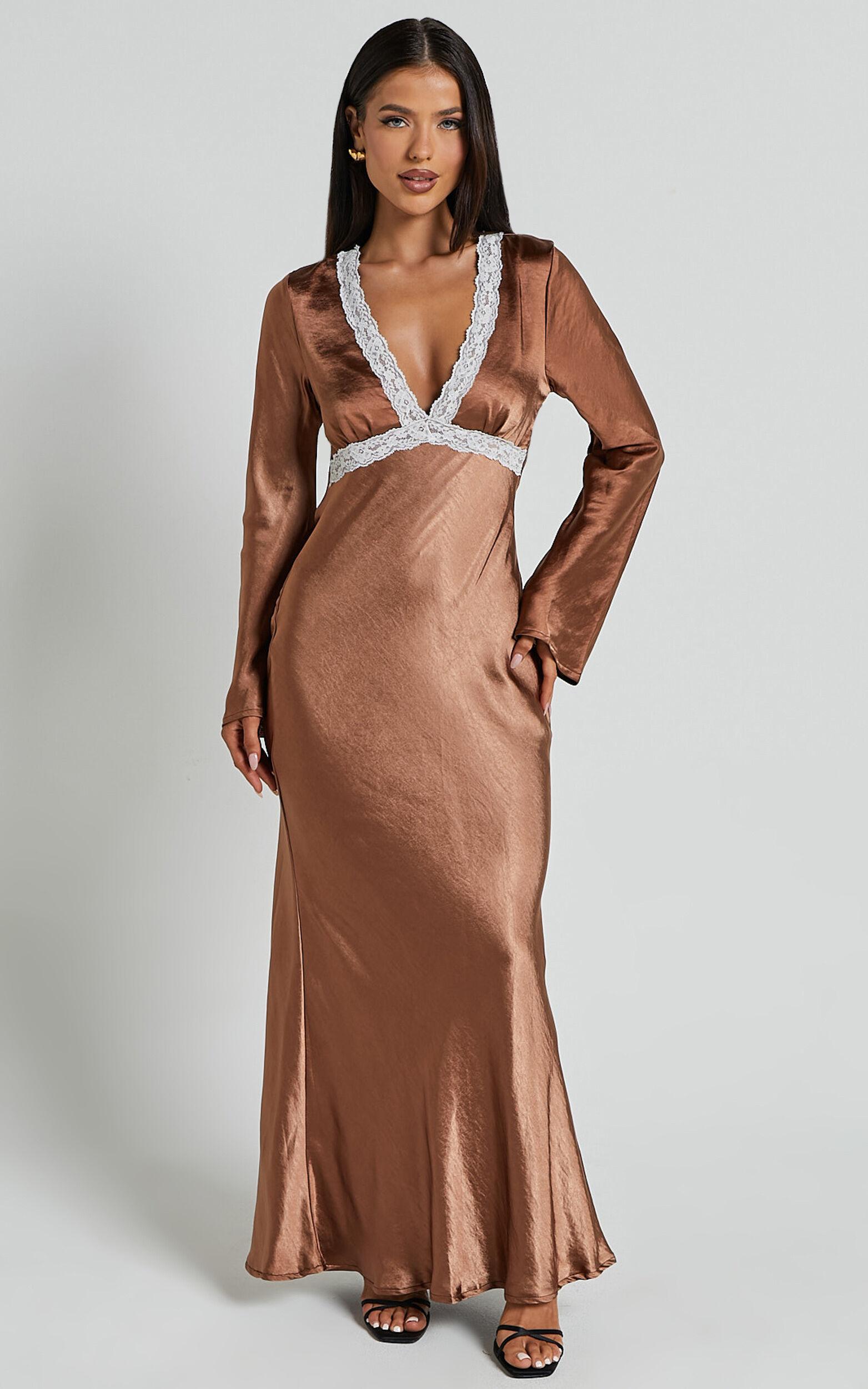 Carmela Midi Dress - Long Sleeve V Neck Lace Detail Dress in Chocolate Product Image