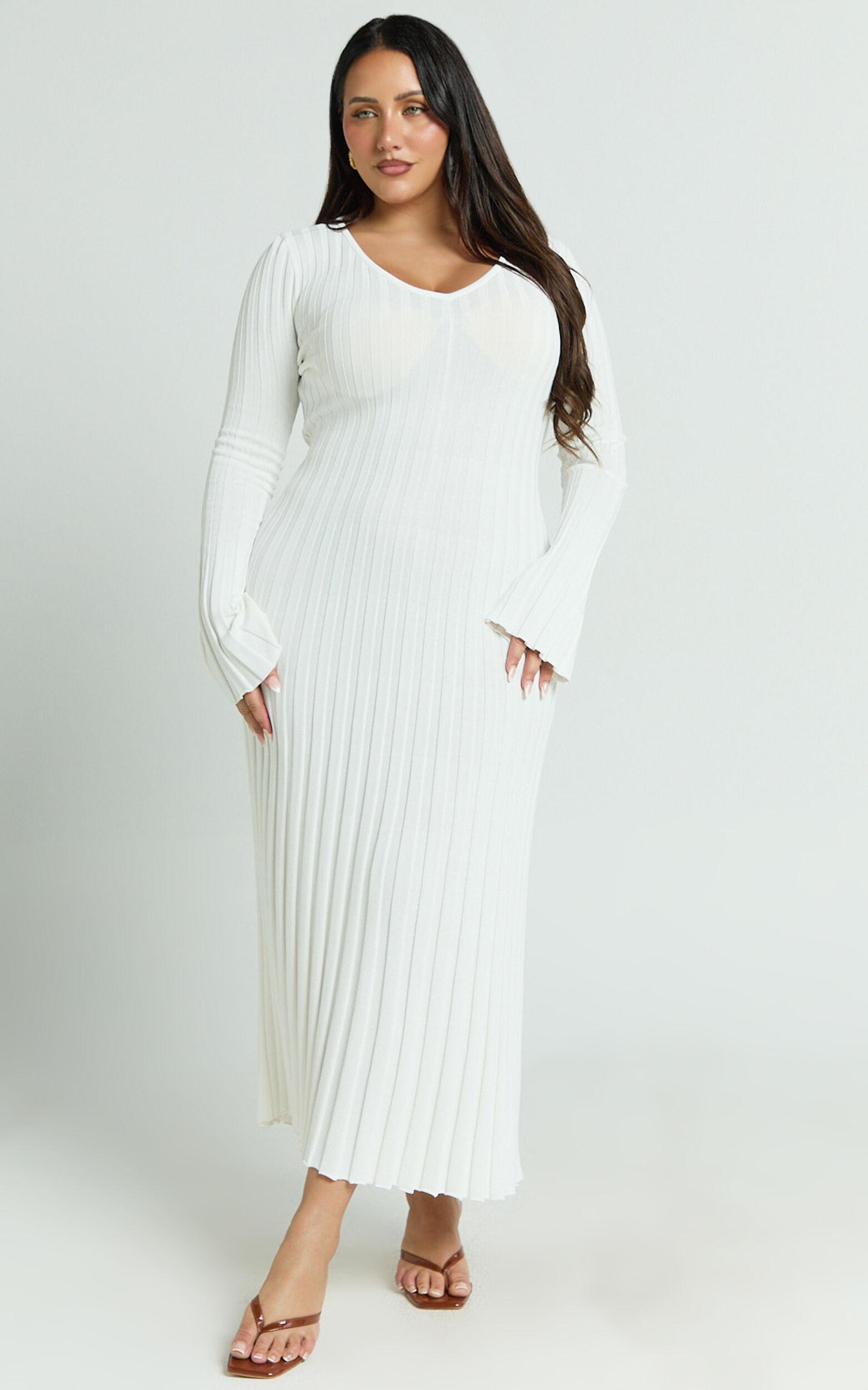 Astra Maxi Dress - V Neck Long Sleeve Knit Dress in White Product Image