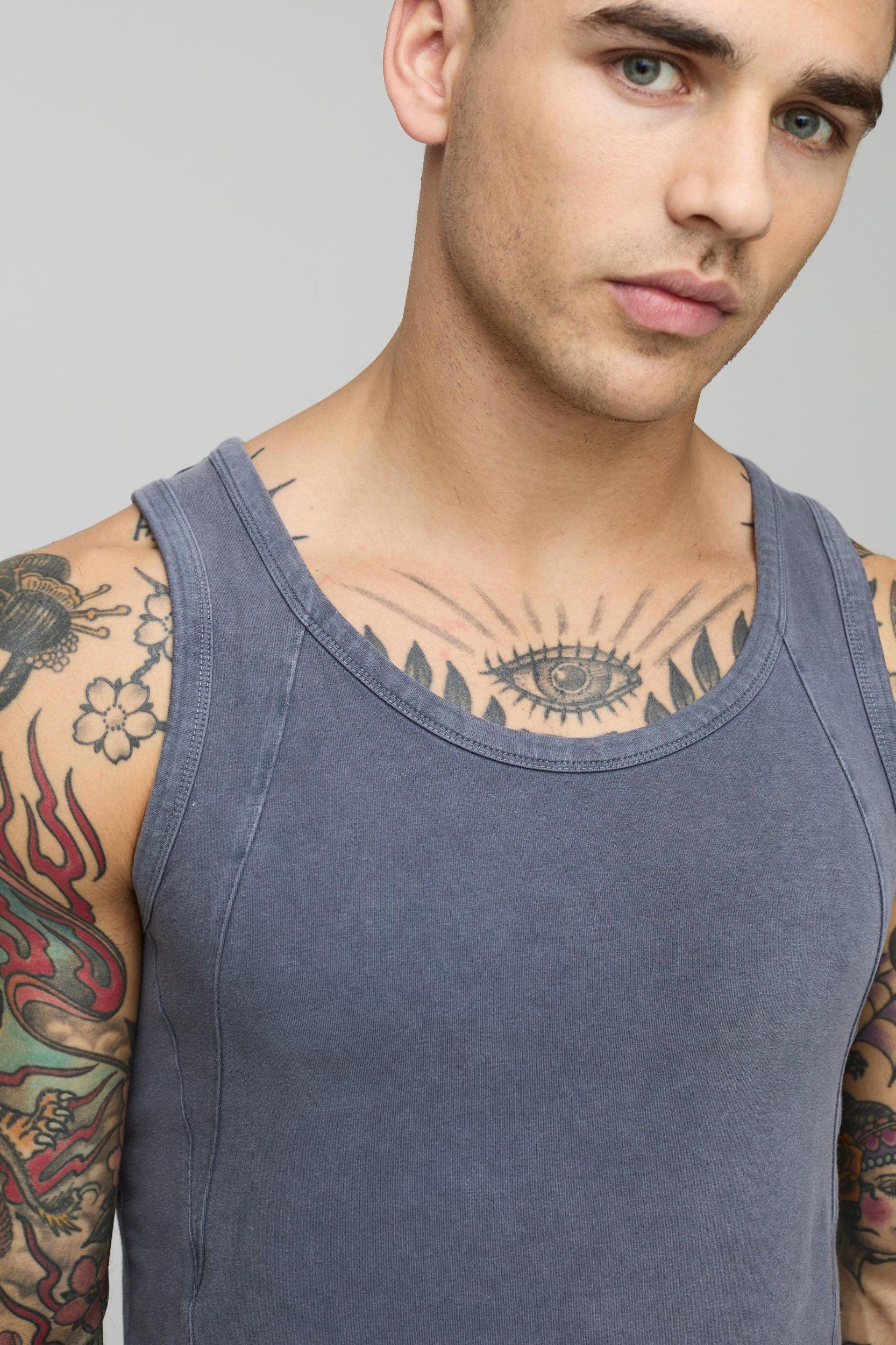 Muscle Fit Panelled Acid Wash Vest | boohooMAN USA Product Image