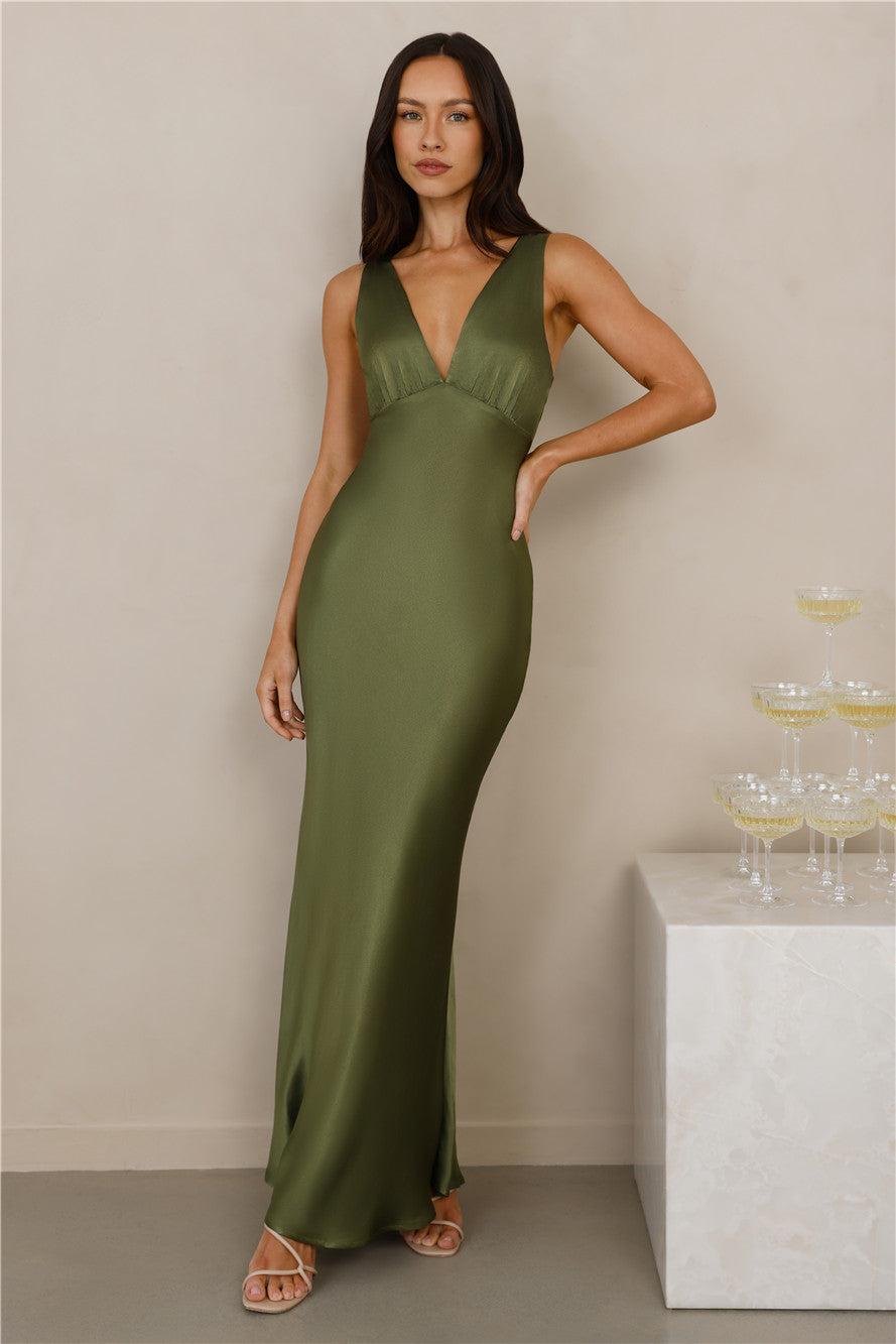 The Isabeau Satin Maxi Dress Olive Product Image