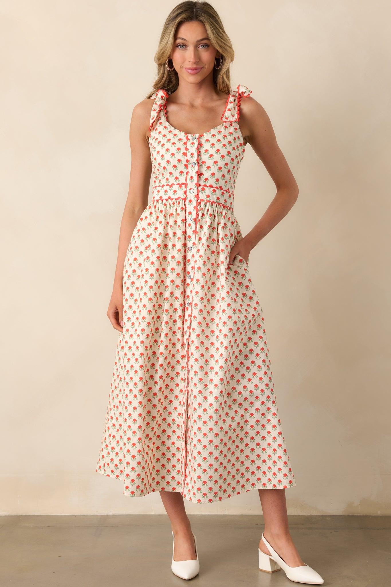 Hold Onto That Feeling Red Floral Cotton Sleeveless Maxi Dress Product Image