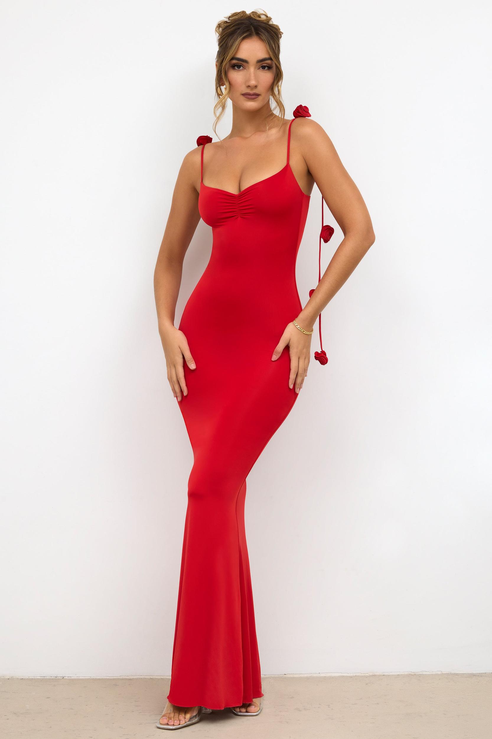 Slinky Jersey Rose Detail Evening Gown in Scarlet Red Product Image